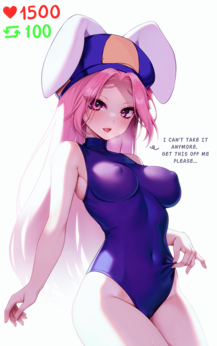 1girl absurdres animal_ears breasts covered_navel crush_crush english_commentary english_text hat highres large_breasts leotard long_hair looking_at_viewer meme mur_(crush_crush) murmoruno open_mouth original parted_bangs pink_eyes pink_hair purple_leotard rabbit_ears solo sweat turtleneck_leotard twitter_strip_game_(meme) two-tone_headwear