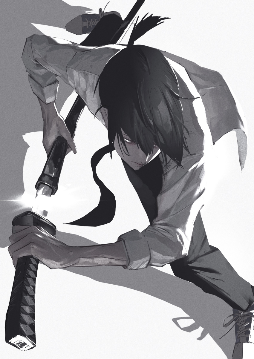 1boy absurdres black_necktie black_pants chainsaw_man formal from_above greyscale hayakawa_aki highres male_focus monochrome necktie neg_(101neg) pants sheath shirt shirt_tucked_in short_hair solo topknot unsheathing white_shirt