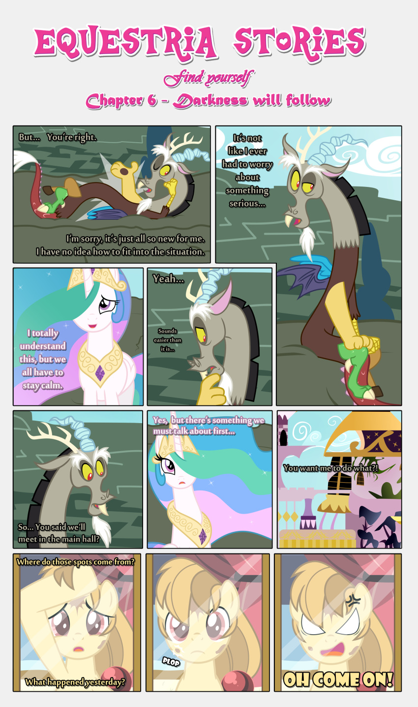 absurd_res alice_goldenfeather_(estories) anthro black_border border canterlot chimera cross-popping_vein discord_(mlp) draconequus ears_up equid equine estories female feral folded_wings friendship_is_magic frustrated frustration group hasbro hi_res horn inside male mammal maze mirror my_little_pony no_cutiemark outside pegasus princess_celestia_(mlp) reflection regalia spread_wings trio winged_unicorn wings
