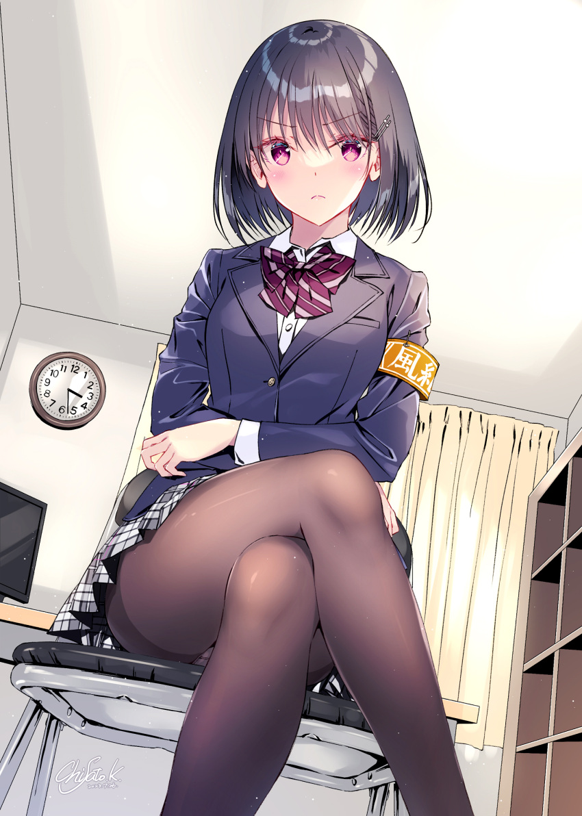 1girl armband black_hair black_jacket black_pantyhose blazer bow bowtie clock closed_mouth collared_shirt commentary_request crossed_arms crossed_legs dated frown hair_ornament hairclip highres indoors jacket kobayashi_chisato legs long_sleeves looking_at_viewer on_chair original pantyhose purple_bow purple_bowtie purple_eyes school_uniform shirt short_hair signature sitting skirt solo wall_clock white_shirt white_skirt