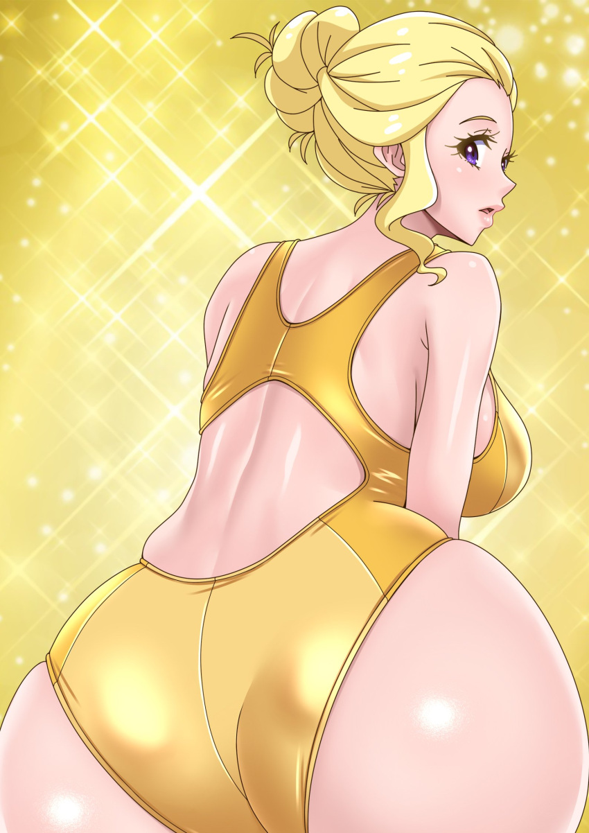1girl ass back blonde_hair breasts eunos fuurin_asumi hair_bun healin'_good_precure highres lips long_hair looking_at_viewer looking_back medium_breasts one-piece_swimsuit precure purple_eyes smile solo sparkle_background swimsuit yellow_background yellow_one-piece_swimsuit