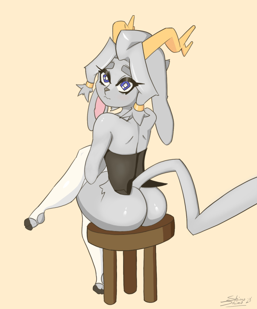 anthro antlers bottomless bovid butt caprine clothed clothing female footwear fur goat grey_body grey_fur hair hi_res horn jackalope lagomorph legwear leporid long_ears looking_at_viewer mammal pseudoregalia rabbit shimashima simple_background socks solo stool_(chair) sybil_(pseudoregalia) tail thigh_highs