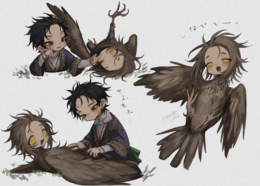 1boy 1girl arm_support artist_name black_hair brown_eyes brown_feathers brown_hair coat commentary earrings feathers full_body grass grey_background grey_coat hand_on_another's_face harpy human_head ishida_umi jewelry long_sleeves looking_at_another looking_at_viewer lying medium_hair messy_hair monster_girl multiple_views necklace on_back on_stomach one_eye_closed open_mouth original shirt short_hair simple_background sitting symbol-only_commentary translated white_shirt yellow_eyes