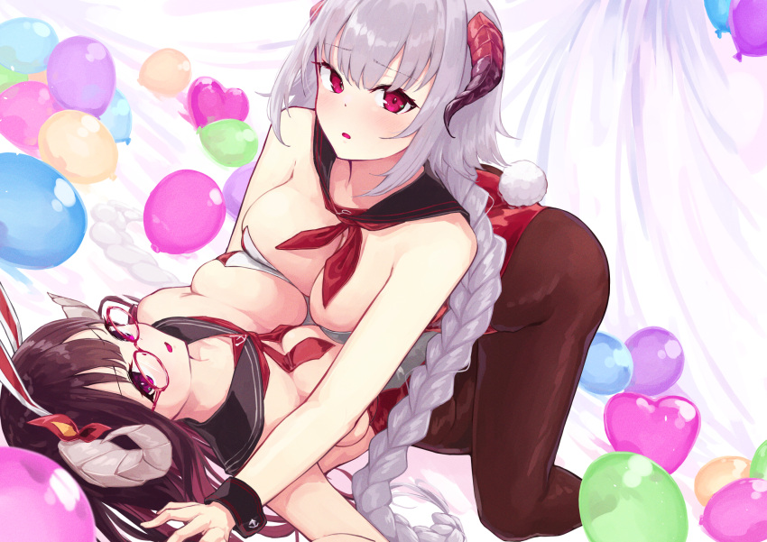 2girls alternate_costume animal_ears azur_lane balloon breast_press breasts brown_hair brown_pantyhose fake_animal_ears fake_tail glasses grey_hair heart_balloon highleg highleg_leotard highres horns kneeling large_breasts leotard long_hair looking_at_viewer lying multiple_girls nuernberg_(azur_lane) on_back pantyhose playboy_bunny rabbit_ears rabbit_tail red_eyes red_leotard strapless strapless_leotard suruga_(azur_lane) symmetrical_docking tail umiya_mizuki very_long_hair