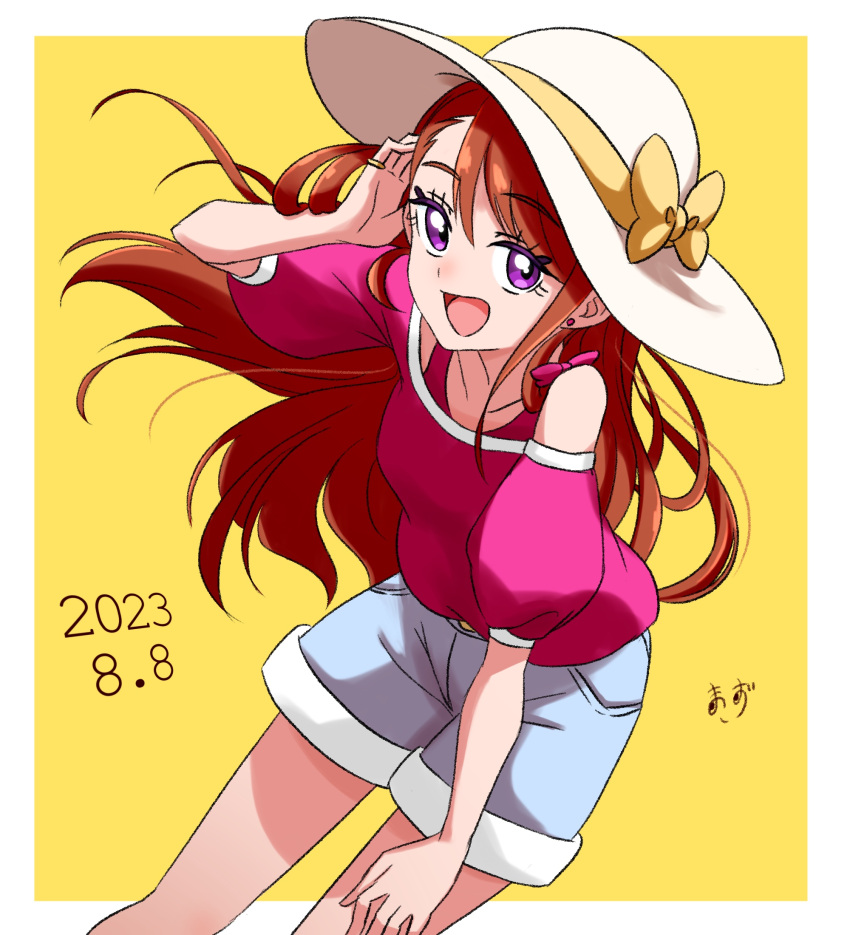 1girl artist_name asymmetrical_bangs birthday blue_shorts border bow brown_hair clothing_cutout dated denim denim_shorts dutch_angle earrings hand_on_own_head hand_on_own_thigh hand_up hat hat_bow highres hijiri_ageha hirogaru_sky!_precure jewelry leaning_forward long_hair looking_at_viewer open_mouth pink_shirt precure purple_eyes ring shirt shorts shoulder_cutout signature smile solo standing stud_earrings sun_hat swept_bangs white_border white_headwear wide_brim wind yellow_background yellow_bow zerolay