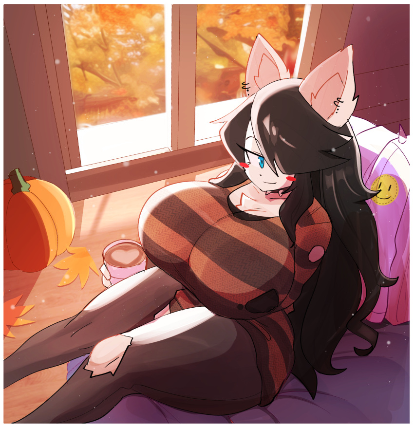 &lt;3 2023 absurd_res anthro autumn autumn_leaves backlighting beverage big_breasts black_bottomwear black_clothing black_hair black_nose black_sweater black_topwear blue_eyes blush blush_stickers bottomwear breasts canid canine canis clothed clothing coffee collar collarbone container cup digital_drawing_(artwork) digital_media_(artwork) domestic_dog dust_particles ear_piercing eyebrow_through_hair eyebrows female food fruit fur hair hand_between_legs hi_res holding_container holding_cup holding_object huge_breasts inner_ear_fluff latte_art light lighting long_hair looking_aside looking_at_viewer maggie_applebee mammal one_eye_obstructed orange_clothing orange_sweater orange_topwear pattern_clothing pattern_sweater pattern_topwear piercing plant pumpkin shaded smile smiley_face solo spiked_collar spikes striped_clothing striped_sweater striped_topwear stripes sweater theycallhimcake topwear torn_bottomwear torn_clothing torn_sweater torn_topwear translucent translucent_hair tree tuft wall_(structure) white_body white_fur window wood