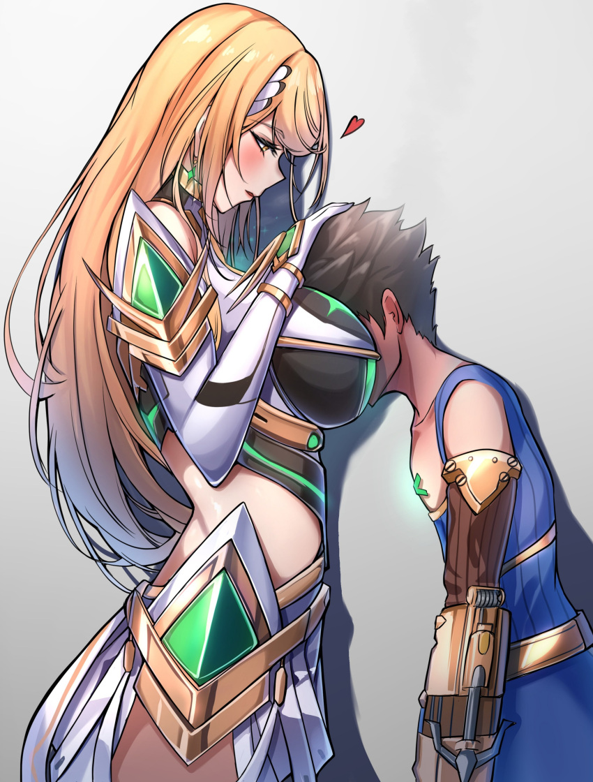 1boy 1girl absurdres blonde_hair blush breast_smother brown_hair chest_jewel earrings face_to_breasts gloves godcastetlnoa hand_on_another's_head headpat headpiece height_difference highres jewelry looking_at_another looking_down mythra_(xenoblade) rex_(xenoblade) tiara xenoblade_chronicles_(series) xenoblade_chronicles_2