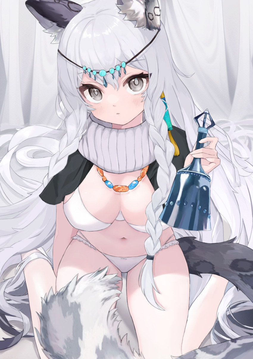 1girl absurdres adapted_costume animal_ear_fluff animal_ears arknights bare_legs bead_necklace beads bell bikini black_capelet blush braid breasts capelet chinese_commentary circlet cleavage closed_mouth curtains earrings expressionless full_body grey_eyes grey_hair highres holding holding_bell jewelry leopard_ears leopard_girl leopard_tail long_hair looking_at_viewer medium_breasts multi-strapped_bikini navel necklace pramanix_(arknights) rou_bao_mao-gravity5 side_braids single_earring sitting solo stomach swimsuit tail tassel tassel_earrings twin_braids very_long_hair wariza white_bikini