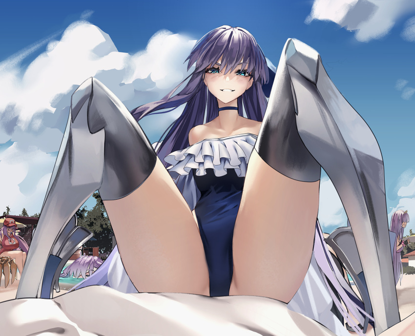 1boy 4girls bare_shoulders bb_(fate) bb_(swimsuit_mooncancer)_(fate) bb_(swimsuit_mooncancer)_(second_ascension)_(fate) blue_eyes blue_ribbon blue_sky blush breasts choker collarbone fate/grand_order fate_(series) frills grin hair_ribbon highleg highleg_swimsuit highres kingprotea_(fate) long_hair long_sleeves looking_at_viewer meltryllis_(fate) meltryllis_(swimsuit_lancer)_(fate) meltryllis_(swimsuit_lancer)_(second_ascension)_(fate) multiple_girls obazzotto off-shoulder_one-piece_swimsuit off_shoulder one-piece_swimsuit passionlip_(fate) pool prosthesis prosthetic_leg puffy_sleeves purple_hair ribbon sitting sitting_on_person sky sleeves_past_fingers sleeves_past_wrists small_breasts smile solo_focus spread_legs swimsuit thighs very_long_hair