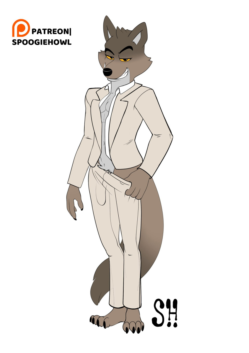 anthro black_eyebrows black_nose brown_body brown_fur bulge canid canine canis clothing dreamworks eyebrows fur genital_outline grey_body grey_fur grin hi_res invalid_color looking_at_viewer male mammal mr._wolf_(the_bad_guys) patreon patreon_logo penis_outline pinup pose simple_background slim smile smirk solo spoogiehowl standing suit tail tall teeth the_bad_guys undressing wolf yellow_eyes