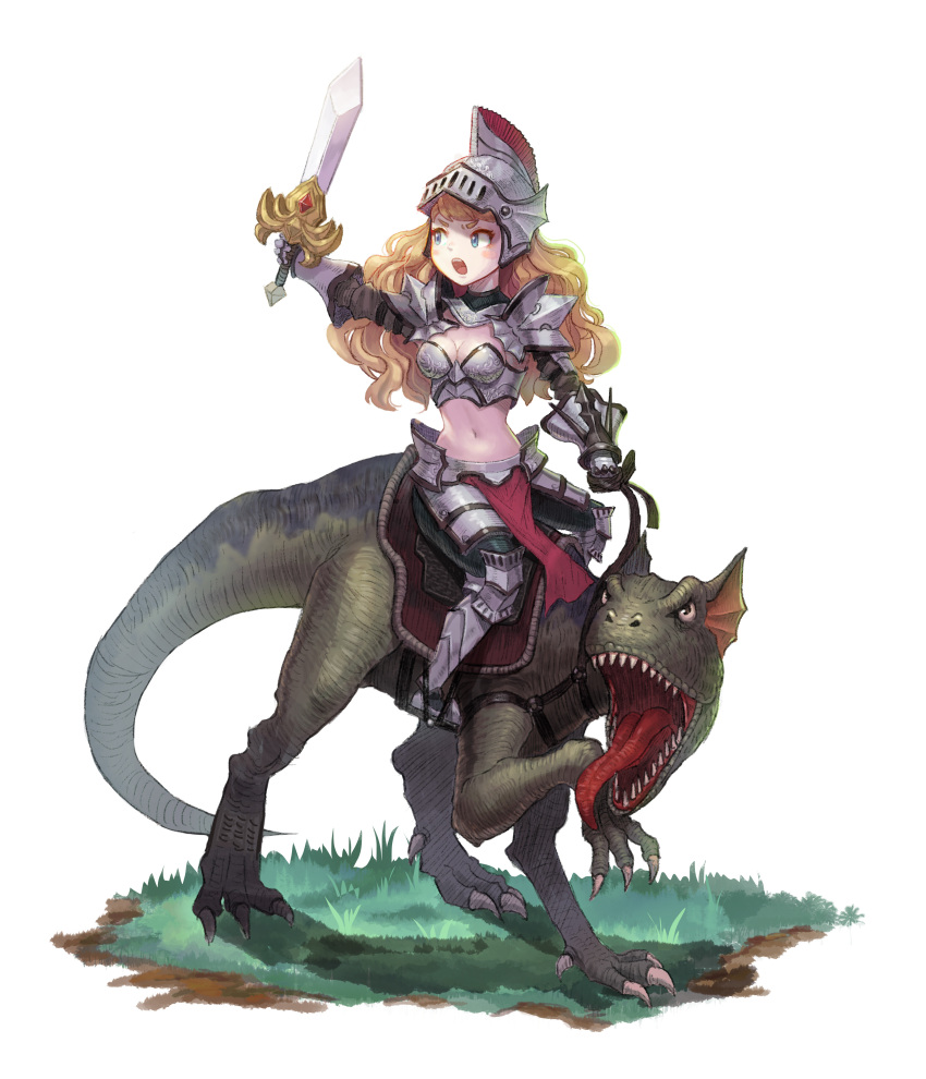 1girl absurdres arm_up armor armored_boots blonde_hair blue_eyes blush boots breastplate breasts claws cleavage commentary ddcc0123 dinosaur_riding english_commentary faulds full_body gauntlets gem grass grey_footwear grey_headwear helmet highres holding holding_sword holding_weapon long_hair looking_afar looking_to_the_side navel open_mouth original pelvic_curtain red_gemstone riding saddle sharp_teeth shoulder_armor small_breasts solo sword teeth tongue tongue_out upper_teeth_only weapon white_background