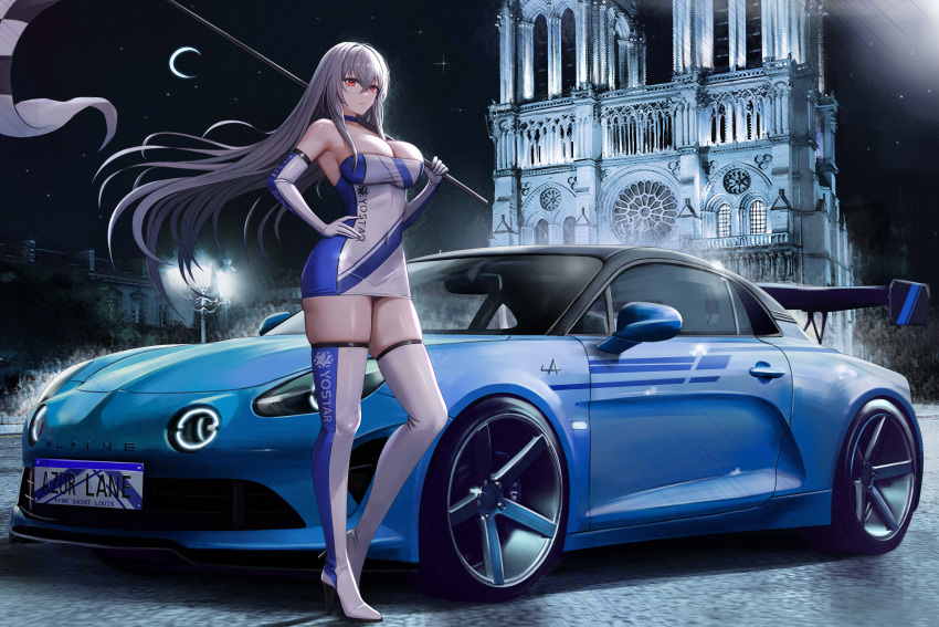 1girl absurdres alpine_(carmaker) alpine_a110 alternate_costume ass azur_lane bare_shoulders blue_choker boots breasts car cathedral character_name checkered_flag choker cleavage collarbone commentary commission copyright_name country_connection covered_navel crescent_moon dress elbow_gloves english_commentary flag france full_body gloves grey_hair hair_between_eyes hand_on_own_hip high_heel_boots high_heels highres holding holding_pole kcar66t large_breasts license_plate long_hair looking_at_viewer mole mole_under_eye moon motor_vehicle night no_mole notre_dame_de_paris outdoors paris pixiv_commission pole product_placement race_queen real_world_location red_eyes revision saint-louis_(azur_lane) shadow sidelocks skindentation sky solo spoiler_(automobile) sports_car standing star_(sky) starry_sky strapless strapless_dress thick_thighs thigh_boots thighs tight_clothes white_dress white_footwear white_gloves yostar