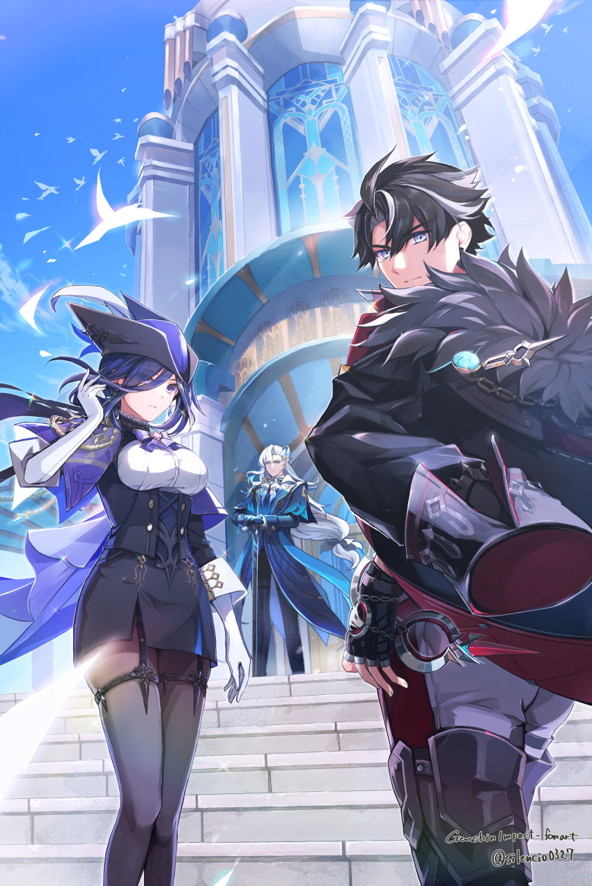 1girl 2boys absurdres ascot bird black_corset black_hair blue_coat blue_eyes blue_hair blue_headwear blue_sky breasts cane cape clorinde_(genshin_impact) coat coat_on_shoulders corset dangle_earrings dark_blue_hair earrings epaulettes fingerless_gloves fold-over_gloves fur-trimmed_coat fur_trim garter_straps genshin_impact gloves grey_pants hair_ears hat hat_feather highres holding holding_cane jewelry lapels large_breasts long_hair looking_at_viewer low-tied_long_hair low_ponytail multicolored_hair multiple_boys neuvillette_(genshin_impact) outdoors pants pantyhose peaked_lapels purple_ascot purple_cape purple_eyes sasame_yuuki shirt sky stairs standing streaked_hair taut_clothes taut_shirt tricorne white_ascot white_gloves wriothesley_(genshin_impact)