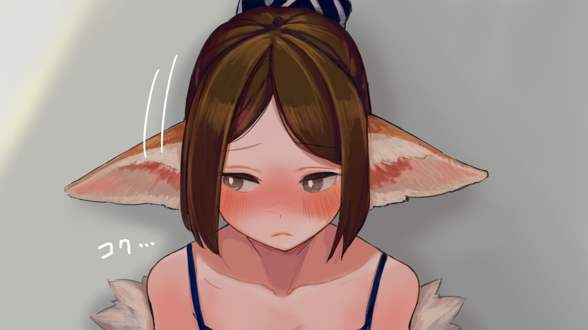 1girl animal_ear_fluff animal_ears arknights bare_shoulders blush brown_eyes brown_hair chocolatice closed_mouth collarbone commentary_request fox_ears grey_background looking_to_the_side motion_lines perfumer_(arknights) short_hair simple_background solo spaghetti_strap swept_bangs translation_request upper_body