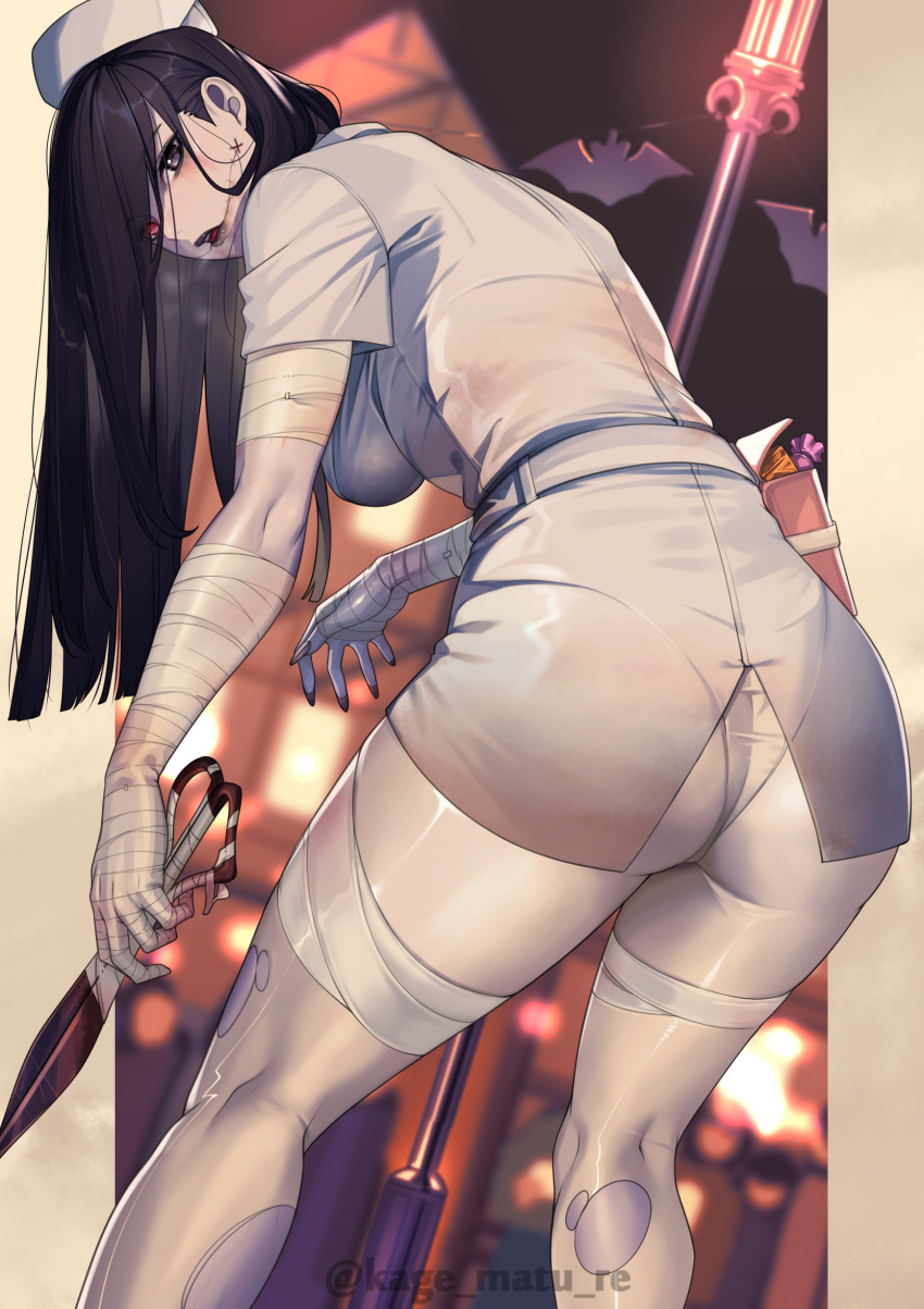 1girl absurdres ass black_eyes black_hair blush breasts commentary_request from_behind halloween hat highres holding holding_scissors kagematsuri large_breasts leaning_forward long_hair looking_at_viewer looking_back nurse nurse_cap open_mouth original panties red_eyes scissors short_sleeves solo thighs twitter_username underwear white_headwear white_panties