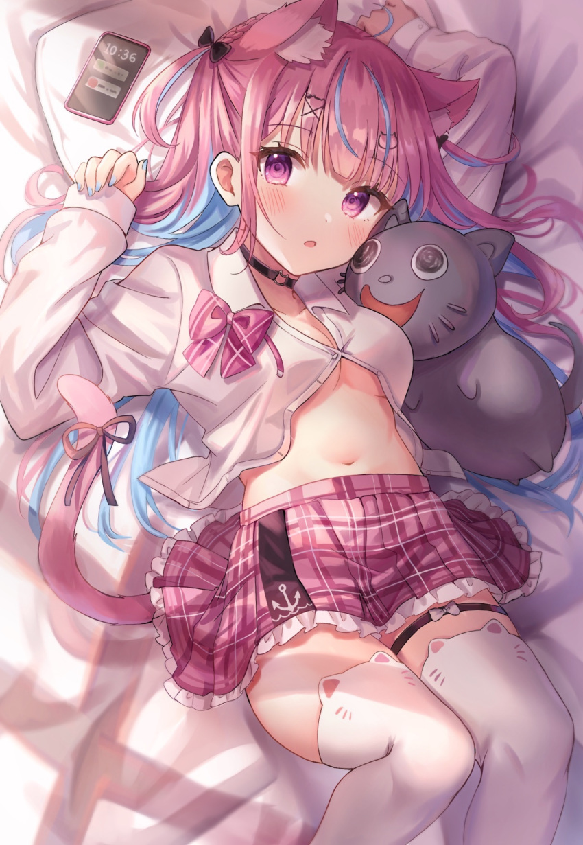 1girl ahoge animal_ear_fluff animal_ear_legwear animal_ears bed_sheet black_choker blue_hair blue_nails blush bow breasts cat_ear_legwear cat_ears cat_girl cat_hair_ornament cat_o-ring cat_tail cellphone choker collared_shirt colored_inner_hair frilled_skirt frills hair_ornament highres hololive long_hair long_sleeves looking_at_viewer lying minato_aqua miniskirt multicolored_hair navel neko_(minato_aqua) o-ring o-ring_choker official_alternate_costume on_back open_mouth partially_unbuttoned phone pillow pink_bow pink_eyes pink_hair pink_skirt plaid plaid_bow plaid_skirt ribbon school_uniform shirt skirt smartphone solo stomach streaked_hair tail tail_ornament tail_ribbon thigh_strap thighhighs tikoo_616 two-tone_hair virtual_youtuber white_shirt white_thighhighs x_hair_ornament zettai_ryouiki