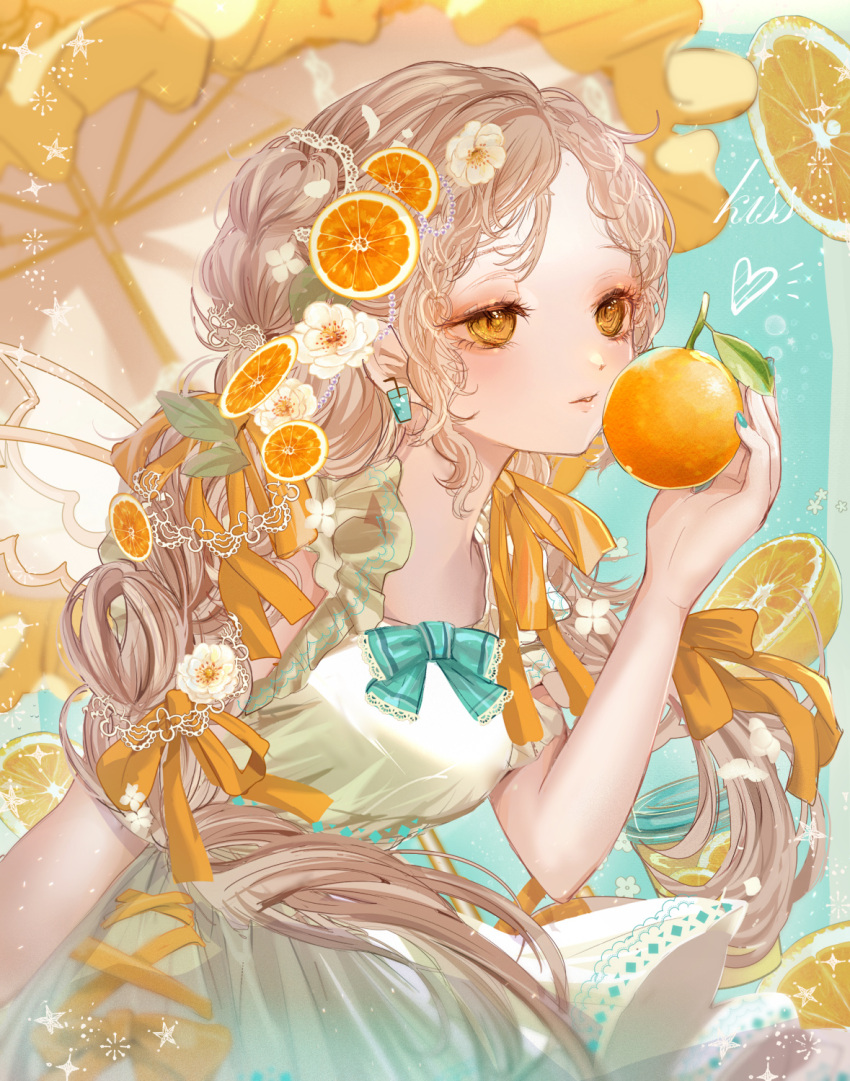 1girl blue_bow blue_bowtie blue_nails blush bow bowtie braid breasts dress earrings eyeshadow flower food food-themed_hair_ornament forehead from_side fruit green_dress hair_flower hair_ornament hair_ribbon highres holding holding_food holding_fruit jewelry komorihikki light_brown_hair long_hair looking_ahead low-tied_long_hair makeup nail_polish orange_(fruit) orange_eyes orange_hair_ornament orange_ribbon orange_slice orange_umbrella original parted_bangs parted_lips red_eyeshadow ribbon sidelocks sleeveless sleeveless_dress small_breasts solo sundress twin_braids umbrella white_flower