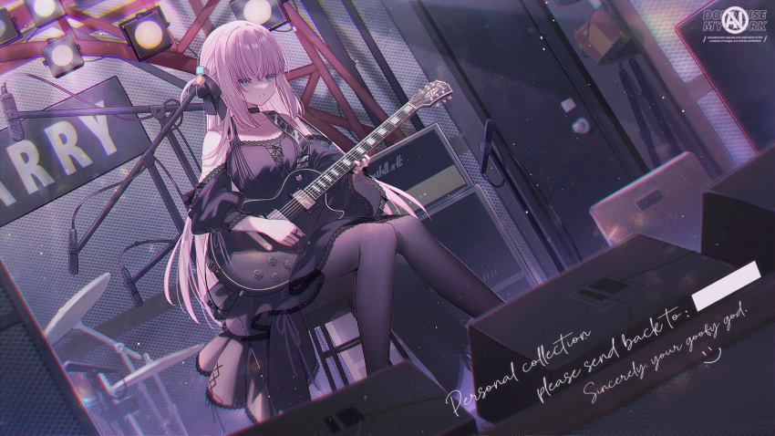 1girl amplifier black_thighhighs blue_eyes blunt_bangs bocchi_the_rock! commission cross-laced_clothes cross-laced_dress cube_hair_ornament dress drum drum_set electric_guitar english_text frilled_dress frills gibson_les_paul gotoh_hitori guitar hair_ornament highres instrument jewelry lace-trimmed_dress lace_trim light_particles microphone microphone_stand one_side_up parted_lips pink_hair ring sidelocks sitting smile solo stage stage_lights stool thighhighs umehara_sei