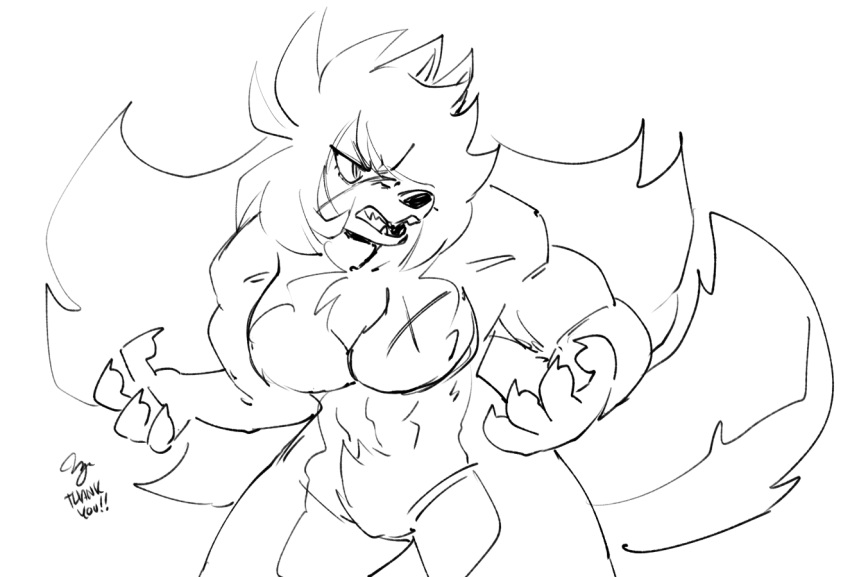 2023 4_fingers anaugi anthro biceps breasts canid canine claws crotch_tuft english_text featureless_breasts featureless_crotch female finger_claws fingers hachimitsu hair hair_over_eye long_hair mammal monochrome muscular muscular_female one_eye_obstructed open_mouth scar sharp_teeth signature simple_background sketch solo standing teeth text tuft were werecanid werecanine werewolf white_background