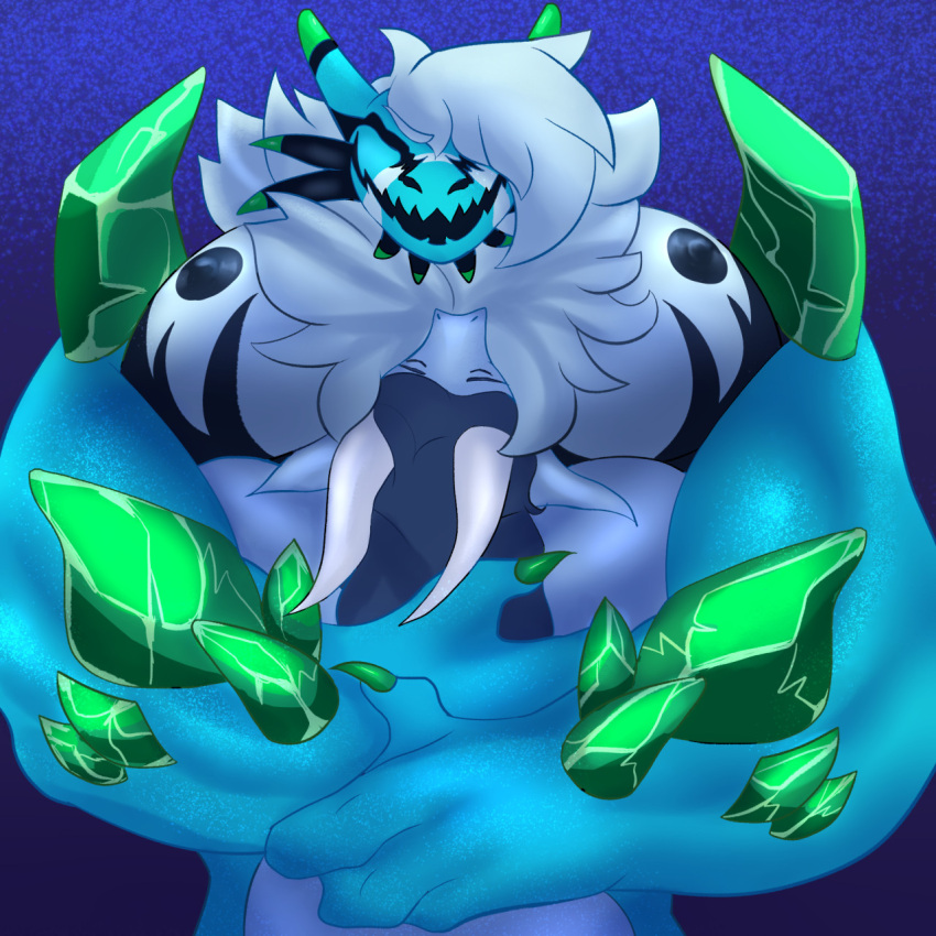 ace_(kamex) anthro berserker_retro blue_body claws crystal duo embrace eyes_closed face_in_chest front_view greenzlie hi_res horn hug large_pecs male male/male muscular nipples retrospecter_(character) size_difference sparkles
