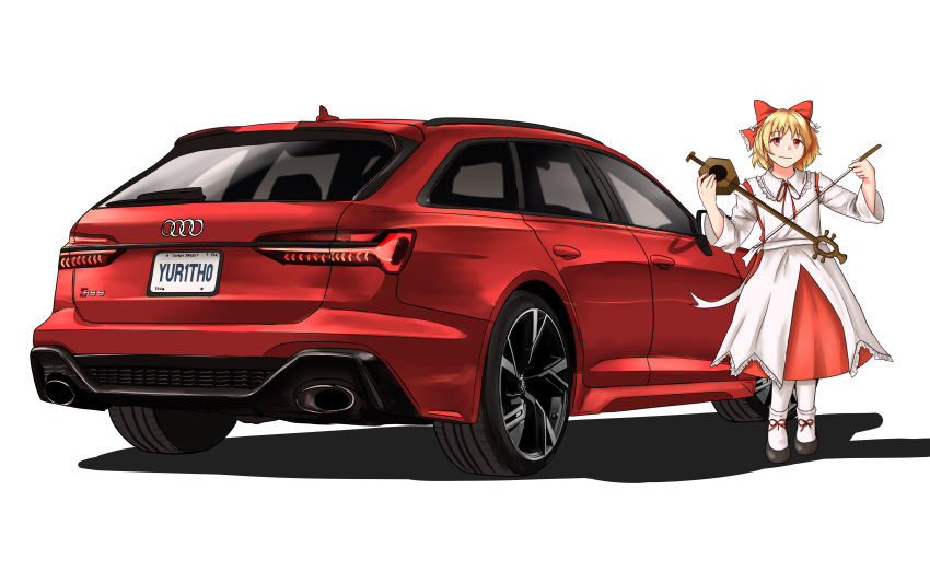 1girl absurdres audi audi_a6 audi_rs6 black_footwear blonde_hair bow car commission dress erhu hair_bow highres holding holding_instrument instrument license_plate looking_at_viewer motor_vehicle pantyhose raffijoe5 red_bow red_eyes red_skirt satsuki_rin shadow shoes short_hair skirt smile solo touhou vehicle_focus white_background white_dress white_pantyhose