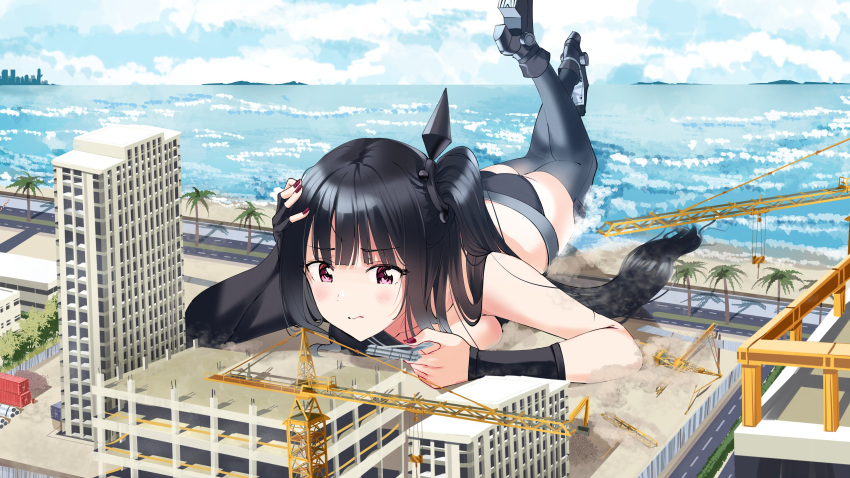 1girl absurdres architect_(girls'_frontline) artist_request ass beach black_footwear black_hair black_sleeves black_thighhighs blush boots breasts building cleavage closed_mouth cloud commentary commission construction construction_site crane_(machine) day detached_sleeves elbow_gloves english_commentary fingerless_gloves fingernails giant giantess girls'_frontline gloves hair_ornament hand_on_own_head highres holding long_hair lying medium_breasts ocean on_stomach one_side_up outdoors palm_tree pink_eyes red_nails road sand sangvis_ferri second-party_source single_detached_sleeve single_elbow_glove single_glove solo the_pose thighhighs tree very_long_hair water wavy_mouth