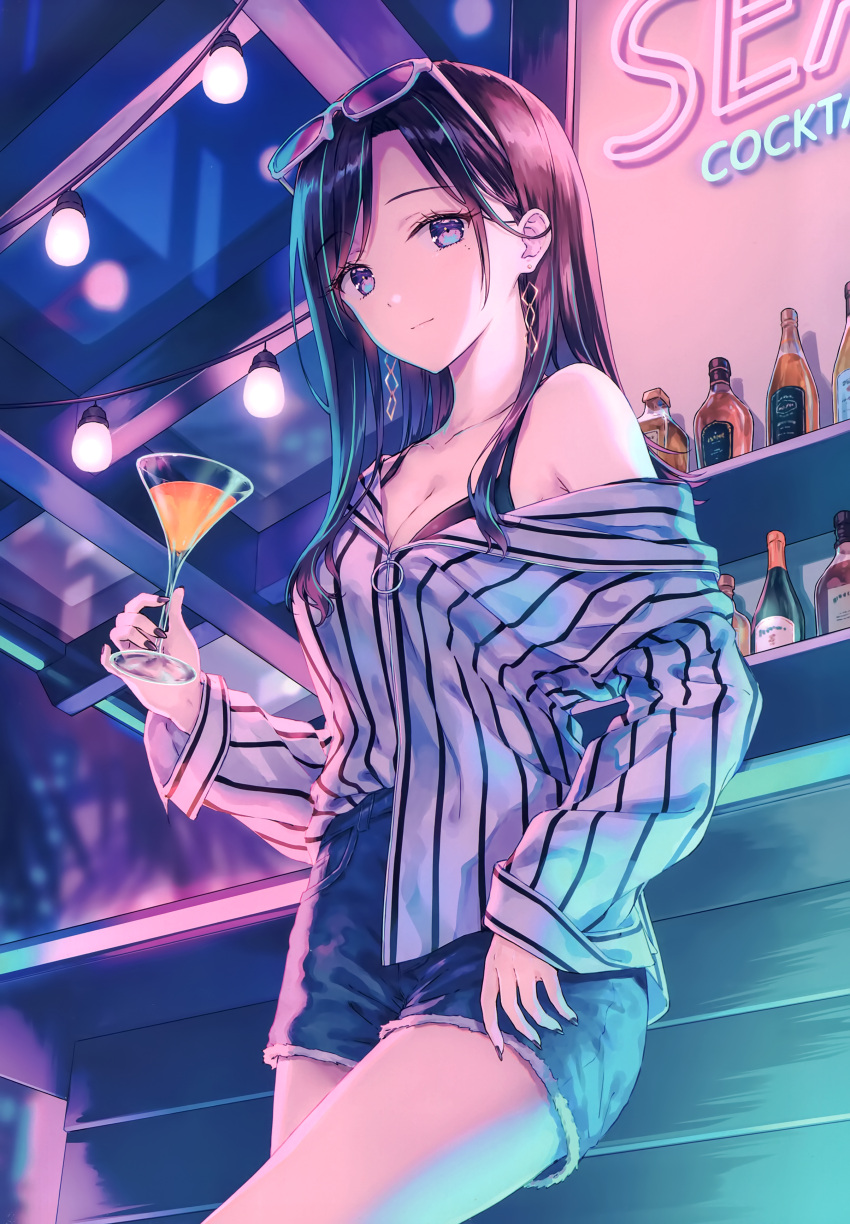 1girl absurdres asymmetrical_bangs bar_(place) black_hair black_nails bottle breasts ceiling cleavage cocktail_glass collarbone counter cup drinking_glass earrings eyewear_on_head fingernails hair_behind_ear highres hiten_(hitenkei) holding jewelry light_bulb light_smile long_hair looking_at_viewer medium_breasts nail_polish neon_lights off_shoulder original parted_bangs purple_eyes shirt shorts single_bare_shoulder solo striped striped_shirt sunglasses vertical-striped_shirt vertical_stripes