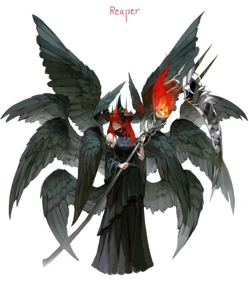 +_+ 1girl absurdres arowana2111 black_dress black_wings breasts demon_horns detached_sleeves dress feathered_wings feathers fire flame hair_between_eyes highres holding holding_staff horns jewelry looking_at_viewer medium_breasts medium_hair multiple_wings original red_eyes ring sidelocks simple_background solo staff standing white_background wings