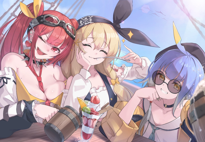 3girls ahoge aqua_hair arm_support arm_up bandana barbaros_(shadowverse) bare_shoulders beer_mug black_choker black_headwear black_sleeves blonde_hair blue_hair blue_sky blush breasts choker cleavage closed_eyes collarbone cream cup deep-sea_scout_(shadowverse) drinking earrings eating eyewear_on_head food frills fruit glass glasses hair_between_eyes hair_ornament hat heart heart_earrings holding holding_cup holding_spoon horizon ice_cream ichien_ekaki jewelry large_breasts lemon lemon_slice long_hair long_sleeves mole mole_on_breast mug multicolored_hair multiple_girls open_mouth pirate_ship red_eyes red_hair ribbon round_eyewear shadowverse ship shirt short_hair sitting skull_print sky small_breasts smile spikes spoon straight_hair strawberry table teeth tidal_gunner_(shadowverse) twintails upper_body watercraft white_shirt wooden_table yellow_eyes