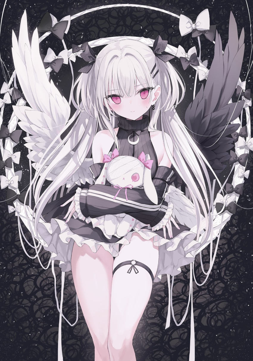 1girl bare_shoulders black_background black_bow black_dress blush bow closed_mouth detached_sleeves dress hair_bow hair_ornament highres holding long_hair nanananana original pink_eyes sleeves_past_wrists solo white_hair wings