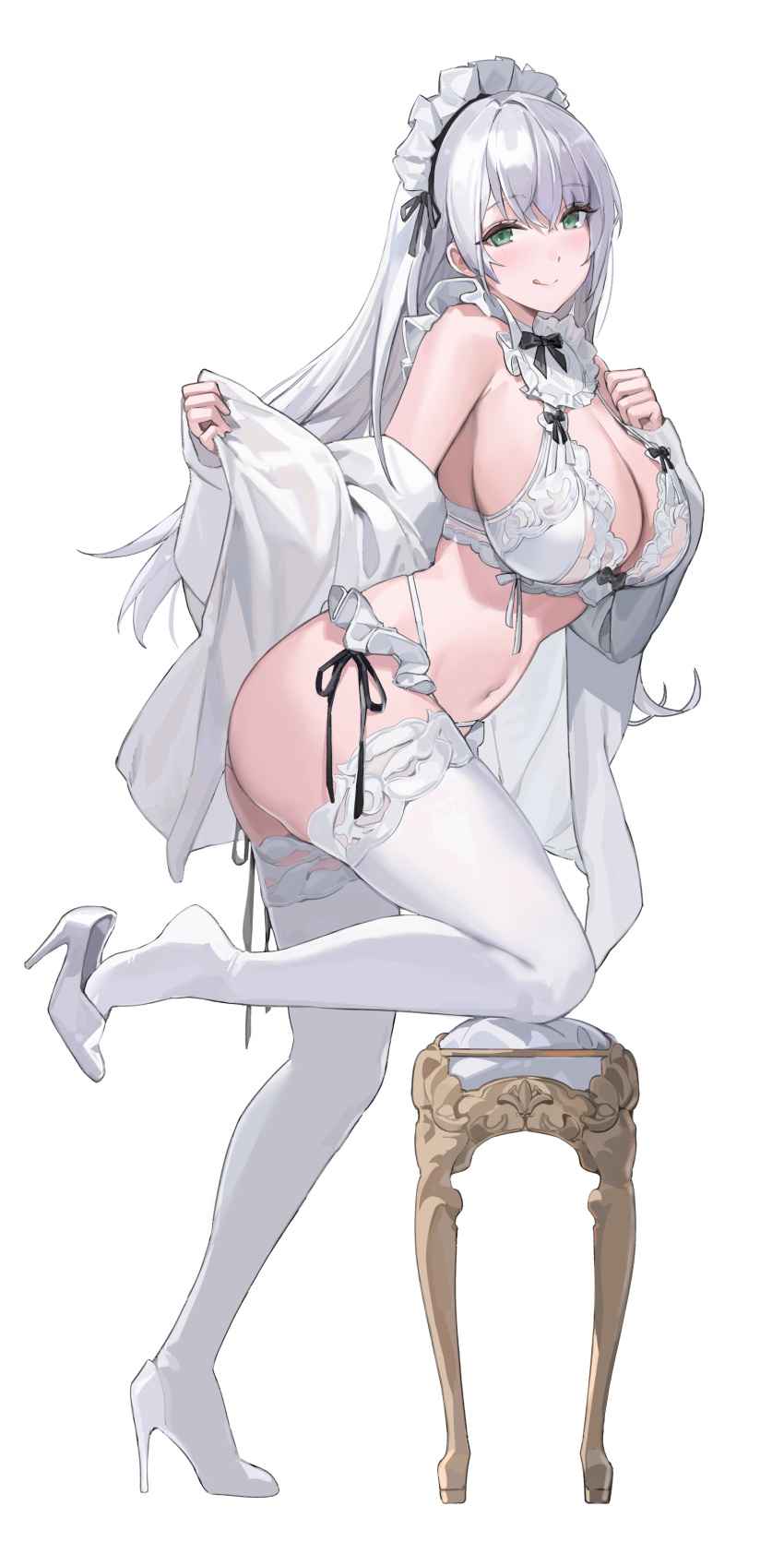 1girl :q absurdres armpit_crease bare_shoulders bow bowtie bra breasts cleavage closed_mouth detached_collar frilled_panties frills full_body hand_on_own_chest high_heels highleg highleg_panties highres jacket large_breasts leg_up lingerie long_hair long_sleeves looking_at_viewer maid_headdress mo:oku navel off_shoulder open_clothes open_jacket original panties shoe_dangle side-tie_panties simple_background smile solo spaghetti_strap stomach strap_gap string_panties thighhighs thighs tongue tongue_out underwear underwear_only white_background white_bra white_hair white_jacket white_panties white_thighhighs