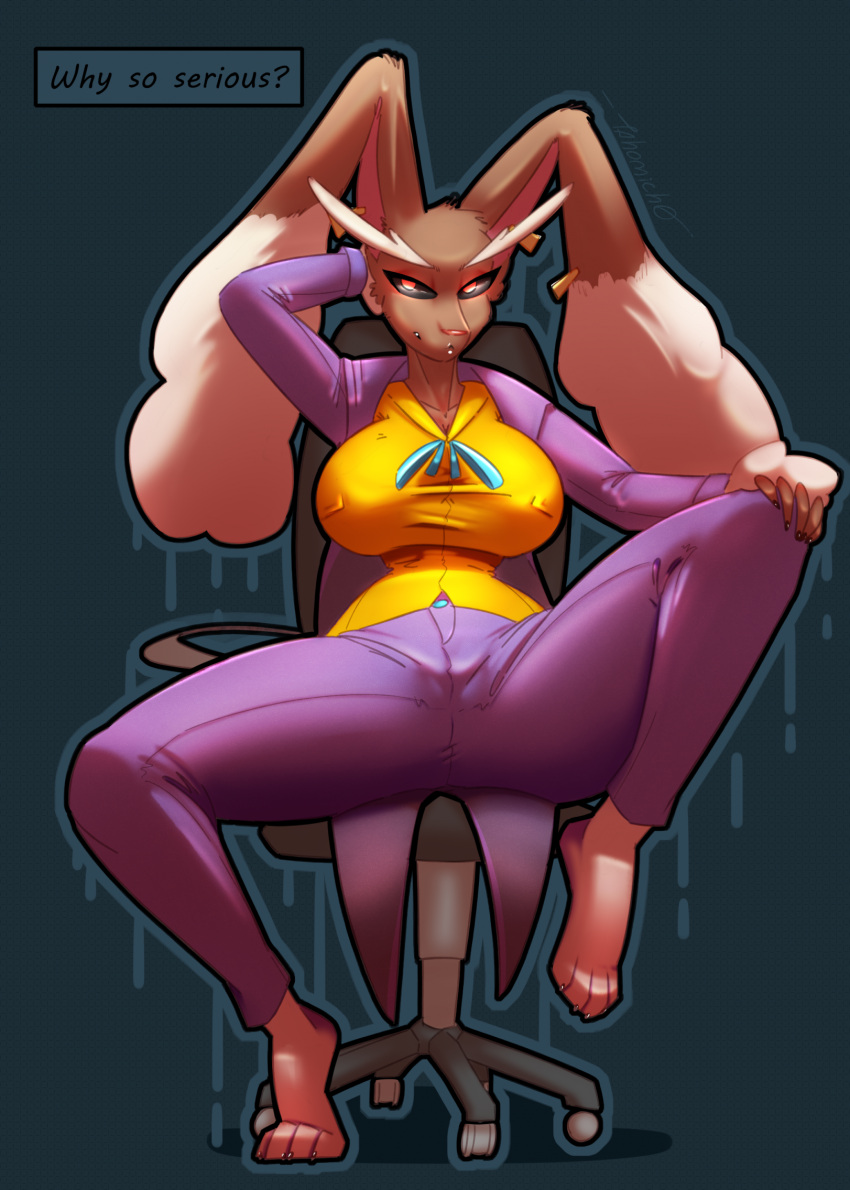 anthro batman_(series) big_breasts big_ears bottomwear breasts brown_body brown_fur chair clothed clothing cosplay dc_comics female fully_clothed fur furniture generation_4_pokemon hand_behind_head hi_res lagomorph long_ears lopunny mammal nintendo on_chair pants pokemon pokemon_(species) purple_clothing shirt sitting sitting_on_chair small_waist solo spread_legs spreading suit tahomich0 the_joker topwear