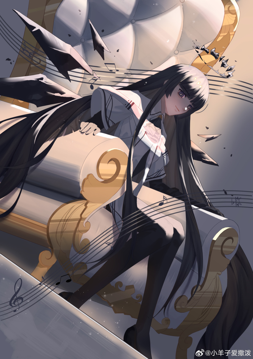 1girl absurdly_long_hair absurdres ahoge arknights arm_rest artist_name ascot belt belt_buckle black_ascot black_eyes black_footwear black_gloves black_hair black_halo black_shirt black_thighhighs black_wings blunt_bangs breasts bright_pupils broken_halo buckle chair chinese_commentary chinese_text closed_mouth collared_jacket colored_inner_hair commentary_request dark_halo detached_wings dutch_angle energy_wings floor full_body gloves grey_background grey_hair hair_flowing_over halo hand_rest highres hime_cut jacket layered_sleeves legs_together light_particles light_smile long_hair long_sleeves looking_at_viewer looking_to_the_side marble_(stone) marble_floor multicolored_hair musical_note on_chair shade shadow shiny_floor shirt shoes short_over_long_sleeves short_sleeved_jacket short_sleeves sidelocks sitting small_breasts solo spotlight staff_(music) straight_hair thighhighs throne two-tone_hair very_long_hair virtuosa_(arknights) watermark weibo_5636033615 weibo_logo weibo_username white_belt white_jacket white_pupils wide_sleeves wing_collar wings