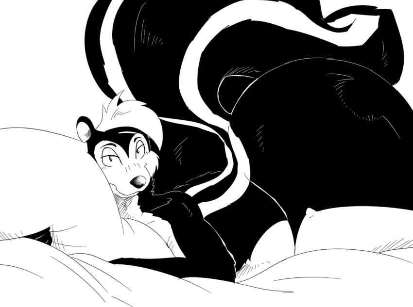 2023 a-side anthro bed_sheet bedding big_butt butt fur hair half-closed_eyes looking_at_viewer looney_tunes lying male mammal mephitid mouth_closed narrowed_eyes nude on_front pepe_le_pew pillow pillow_hug raised_tail skunk solo tail warner_brothers