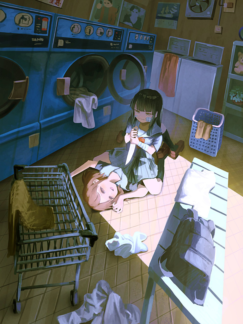 2girls at_knifepoint bandaged_arm bandages bandaid bandaid_on_cheek bandaid_on_face basket black_hair black_socks blue_shirt blue_skirt blunt_bangs brown_eyes brown_footwear brown_hair clothes_dryer commentary crying crying_with_eyes_open day gauze gauze_on_cheek highres hime_cut holding holding_knife indoors kagenoyuhi kneehighs knife laundromat laundry loafers long_hair lying medium_hair multiple_girls on_back on_floor open_mouth original perspective pleated_skirt school_uniform serafuku shirt shoes short_sleeves sitting skirt smile socks straddling straight_hair table tears threat tile_floor tiles washing_machine wide_shot