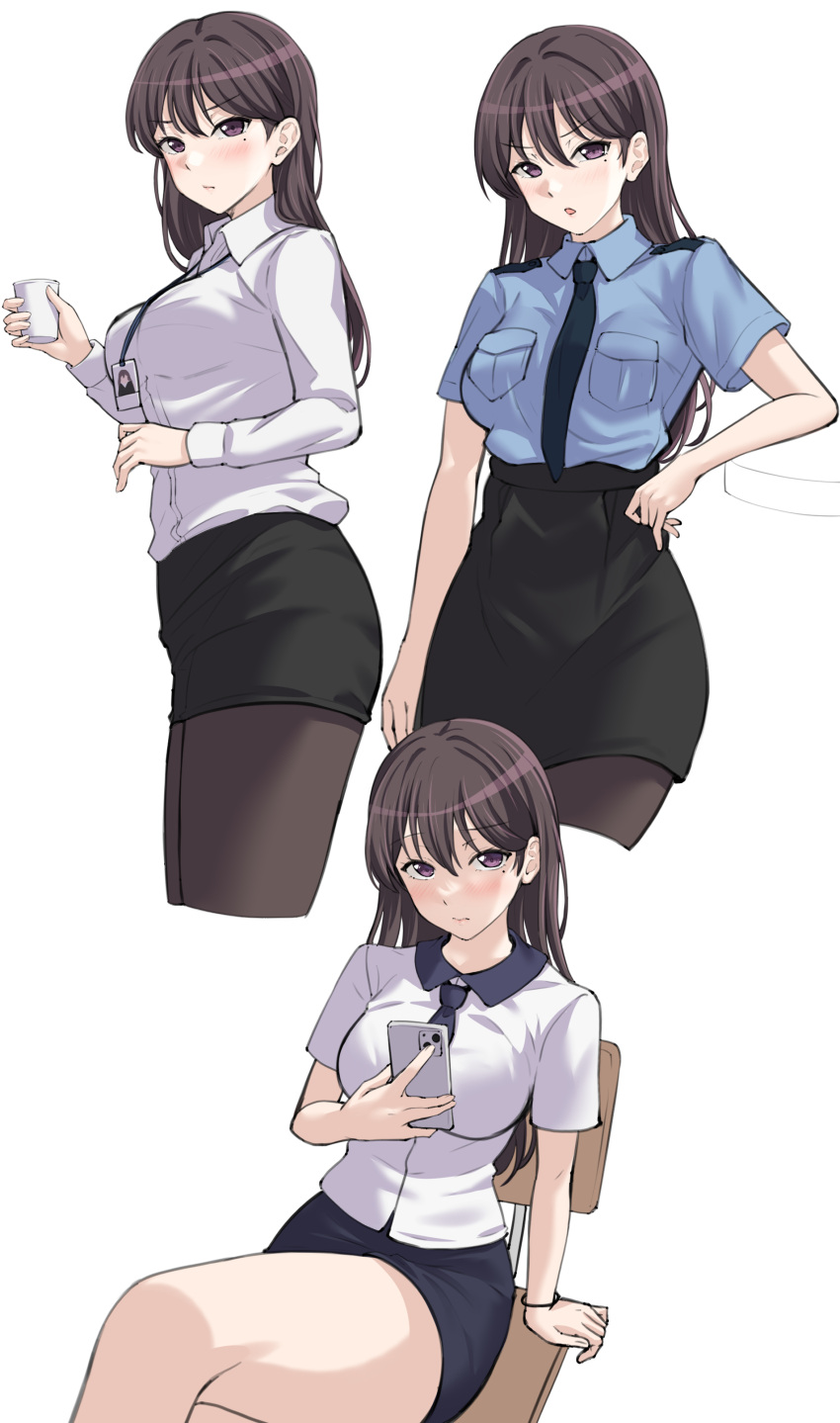 1girl absurdres arm_at_side bang_dream! black_hair black_pantyhose black_skirt blue_necktie blue_shirt blush bracelet breast_pocket breasts cellphone chair closed_mouth collared_shirt commentary_request cowboy_shot cropped_legs crossed_legs cup hair_behind_ear hair_between_eyes hand_on_own_hip hand_up hands_up high-waist_skirt highres holding holding_cup holding_phone id_card jewelry lanyard long_hair long_sleeves medium_breasts miniskirt mole mole_under_eye multiple_views necktie office_lady on_chair pantyhose parted_lips pencil_skirt phone pocket police police_uniform policewoman ptal purple_eyes shina_taki shirt shirt_tucked_in short_necktie short_sleeves simple_background sitting skirt smartphone standing uniform very_long_hair white_background white_shirt