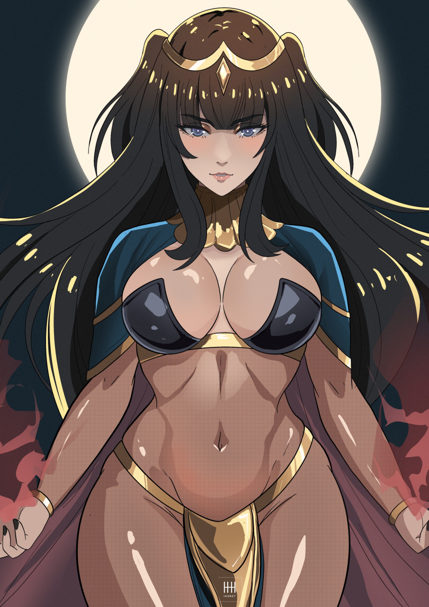 1girl absurdres artist_name black_hair blush breasts cape commentary covered_navel fingernails fire_emblem fire_emblem_awakening fire_emblem_heroes full_moon gold_trim highres ihsnet jewelry large_breasts lips loincloth long_hair looking_at_viewer moon nail_polish navel parted_lips pelvic_curtain purple_eyes revealing_clothes signature simple_background solo tharja_(fire_emblem) tiara turtleneck