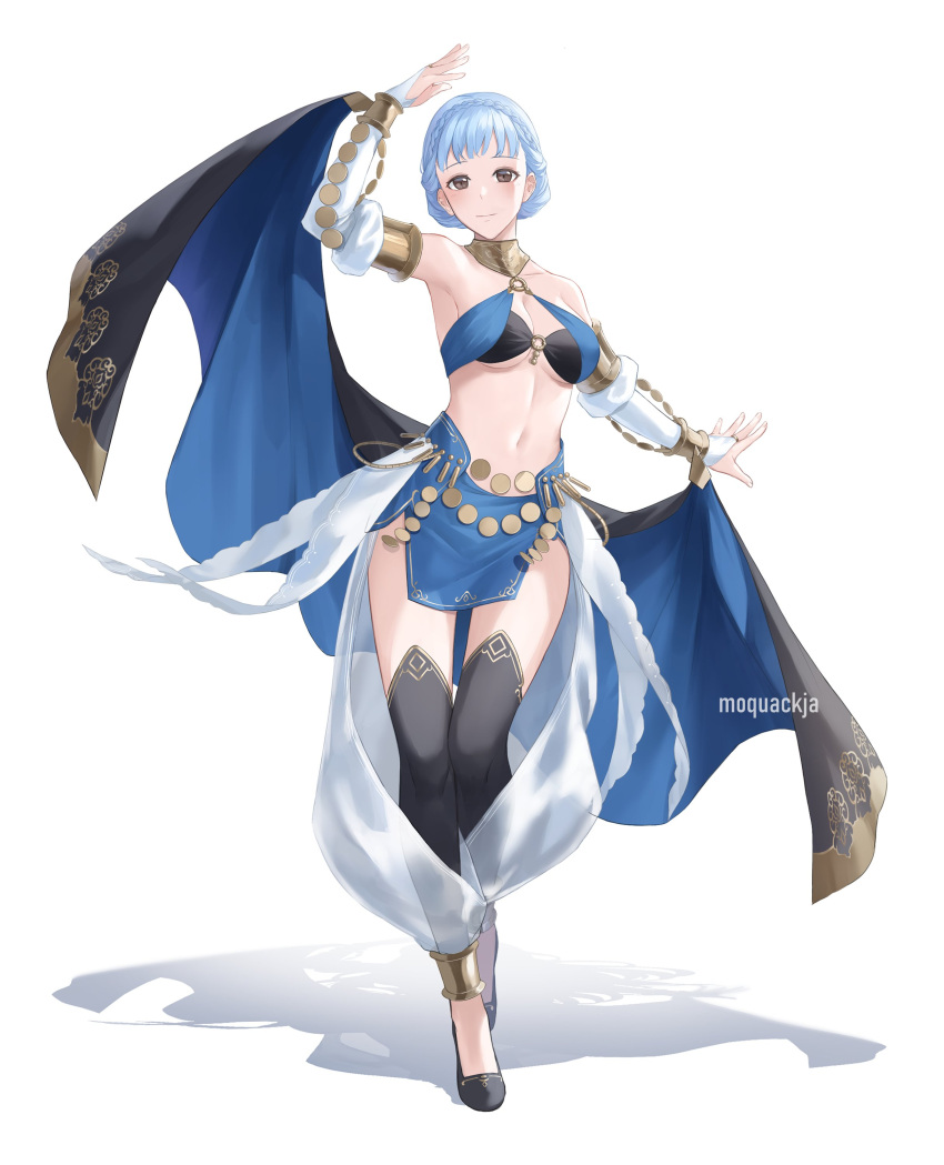 1girl absurdres alternate_costume artist_name bare_shoulders black_thighhighs blue_hair blue_skirt blush braid breasts closed_mouth commentary cosplay crown_braid detached_sleeves english_commentary fire_emblem fire_emblem:_three_houses fire_emblem_awakening full_body grey_eyes highres large_breasts long_sleeves looking_at_viewer marianne_von_edmund midriff moja_(rainpoow) navel olivia_(fire_emblem) olivia_(fire_emblem)_(cosplay) shadow short_hair simple_background skirt smile solo standing stomach thighhighs thighs white_background