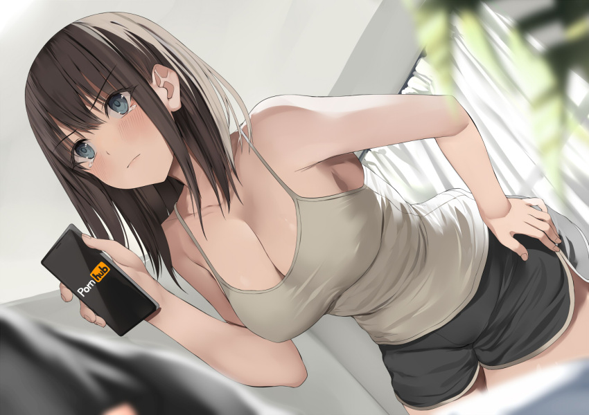 1girl angry bare_arms bare_shoulders black_shorts blue_eyes blurry blurry_foreground blush breasts cellphone closed_mouth curtains dolphin_shorts fingernails green_tank_top hand_on_own_hip holding holding_phone indoors kureha_(ironika) large_breasts leaning_forward medium_hair original phone pornhub shorts smartphone solo_focus spaghetti_strap tank_top tearing_up