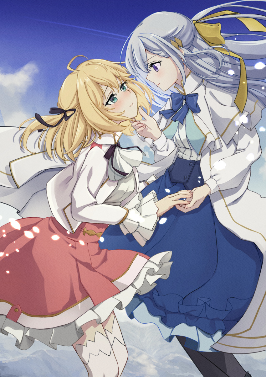 2girls anisphia_wynn_palettia ascot black_pantyhose black_ribbon blonde_hair blue_bow blue_bowtie blue_eyes blue_skirt blue_sky blush bob_cut bow bowtie capelet closed_mouth cloud cloudy_sky coat day euphyllia_magenta frilled_skirt frilled_sleeves frills green_eyes grey_hair hair_ribbon half-closed_eyes half_updo hand_on_another's_chin high-waist_skirt highres holding_hands jacket long_sleeves looking_at_another medium_skirt miniskirt multiple_girls outdoors pantyhose pink_skirt ribbon skirt sky standing tensei_oujo_to_tensai_reijou_no_mahou_kakumei thighhighs torinao_(user_hszt4357) white_ascot white_capelet white_coat white_jacket white_thighhighs yellow_ribbon yuri