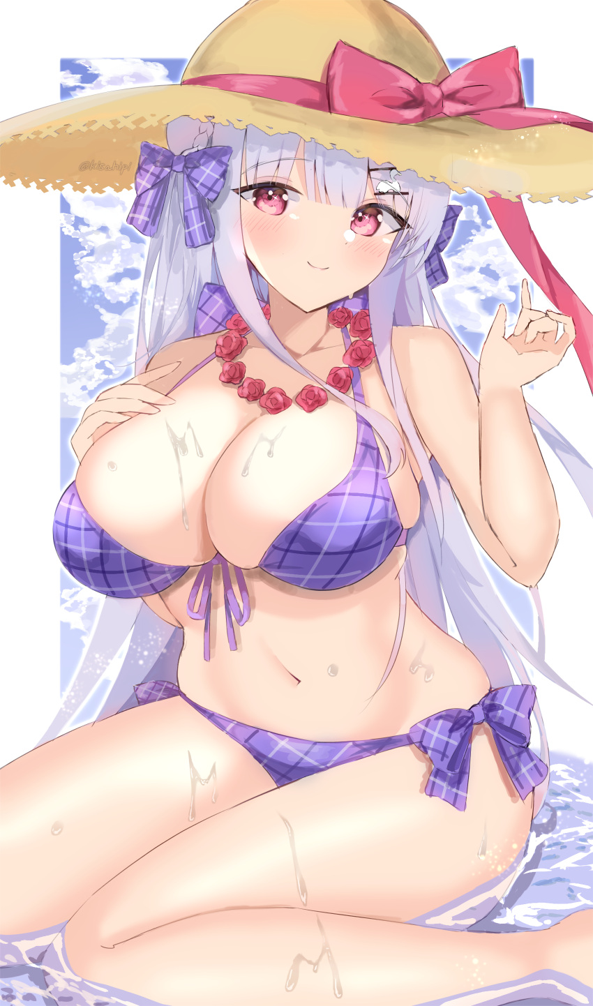 1girl absurdres azur_lane bikini breasts cygnet_(azur_lane) cygnet_(sea_star_on_shore)_(azur_lane) flower flower_necklace front-tie_bikini_top front-tie_top hair_ornament hairclip hat highres kisahipi large_breasts light_smile looking_at_viewer official_alternate_costume oppai_loli plaid plaid_bikini plaid_ribbon purple_bikini ribbon solo straw_hat sun_hat swimsuit