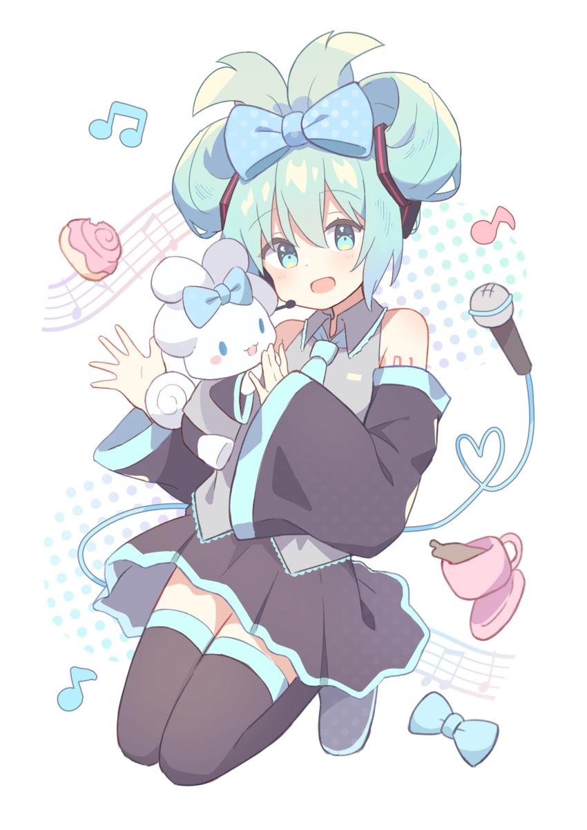 1girl absurdres aqua_eyes aqua_hair aqua_necktie beamed_eighth_notes black_skirt black_sleeves black_thighhighs bow cinnamiku cinnamon_roll cinnamoroll coaster collared_shirt commentary crossover cup detached_sleeves eighth_note hair_bow hair_bun hair_ornament hatsune_miku headset highres holding_hands kneeling long_hair long_sleeves looking_at_viewer matching_outfits microphone miniskirt musical_note necktie open_mouth pleated_skirt polka_dot ribbon ryoku_sui shirt simple_background skirt sleeveless sleeveless_shirt smile tattoo teacup thighhighs tied_ears vocaloid white_background white_shirt