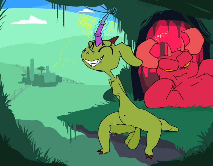 animated anthro balls city city_background cloud demon dialogue duo genitals grass green_body looking_happy male penis plant portal red_body roksim saggy_balls sitting speech_bubble story story_in_description teeth yellow_eyes