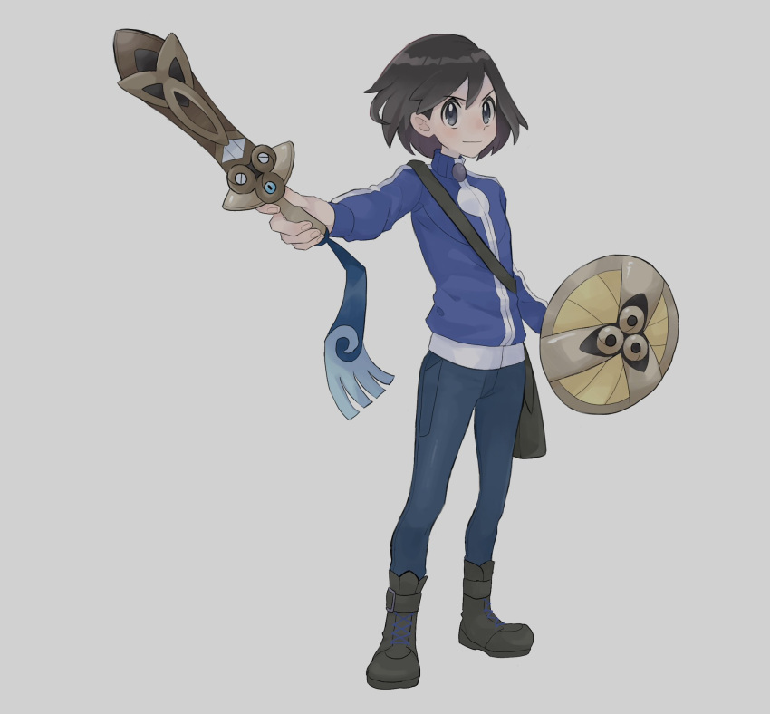 1boy aegislash bag blue_jacket boots calem_(pokemon) closed_mouth commentary_request full_body grey_background grey_eyes highres holding holding_sword holding_weapon honedge jacket long_sleeves male_focus outstretched_arm pants pokemon pokemon_(creature) pokemon_(game) pokemon_xy sana_(37pisana) shield short_hair shoulder_bag smile standing sword weapon zipper_pull_tab