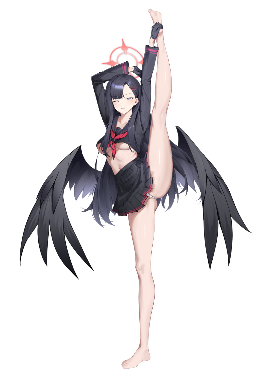 1girl ;) absurdres alenx_kevin asymmetrical_bangs barefoot black_gloves black_hair black_sailor_collar black_serafuku black_shirt black_skirt black_wings blue_archive blue_eyes breasts commentary_request cropped_shirt flexible full_body gloves hair_ornament hairclip halo hand_on_own_foot highres ichika_(blue_archive) leg_lift long_hair looking_at_viewer low_wings medium_breasts navel neckerchief one_eye_closed panties parted_lips partially_visible_vulva pleated_skirt red_halo red_neckerchief sailor_collar school_uniform serafuku shirt skirt smile solo split standing standing_on_one_leg standing_split underboob underwear variant_set white_background white_panties wings