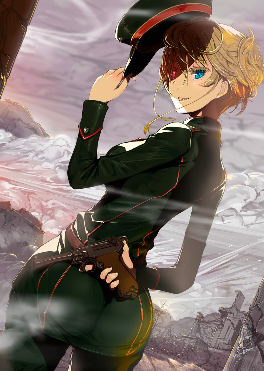 1girl arms_behind_back ass blonde_hair blue_eyes cloud colored_eyelashes commentary_request contrapposto dutch_angle from_behind green_pants green_shirt grey_sky gun hair_between_eyes handgun hat heterochromia highres looking_at_another luger_p08 mikazuki_akira! military military_hat military_uniform pants red_eyes removing_headwear shaded_face shirt short_hair sidelocks sky smile solo tanya_degurechaff thighs trigger_discipline uniform weapon youjo_senki