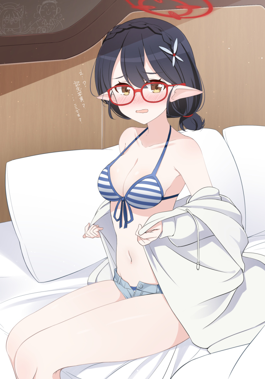 1boy animal_ears armpits arona's_sensei_doodle_(blue_archive) ayane_(blue_archive) ayane_(swimsuit)_(blue_archive) bangs bed bed_sheet bikini bikini_under_clothes black_hair blue_archive blush braid breasts brown_eyes camera cleavage collarbone commentary_request crown_braid denim denim_shorts glasses hair_between_eyes hair_ornament halo highres holding holding_camera hood hooded_jacket hoshino_ouka jacket long_sleeves looking_at_viewer low_ponytail medium_breasts medium_hair mismatched_pupils navel official_alternate_costume pillow pointy_ears sensei_(blue_archive) shiroko_(blue_archive) shiroko_(swimsuit)_(blue_archive) short_shorts shorts sidelocks sitting sleeveless solo_focus spaghetti_strap stomach swimsuit translation_request undressing wolf_ears wolf_girl