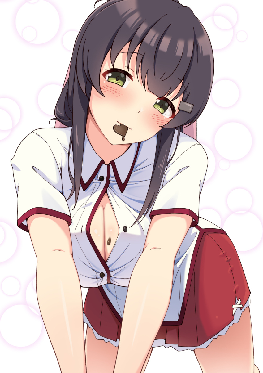 1girl all_fours black_hair blush breasts bubble_background button_gap candy chocolate chocolate_on_body chocolate_on_breasts cleavage commentary_request food food_in_mouth food_on_body green_eyes hair_ornament heart heart-shaped_chocolate highres large_breasts looking_at_viewer minoseki_gakuin_uniform motsutoko red_skirt skirt solo toji_no_miko white_background yanase_mai