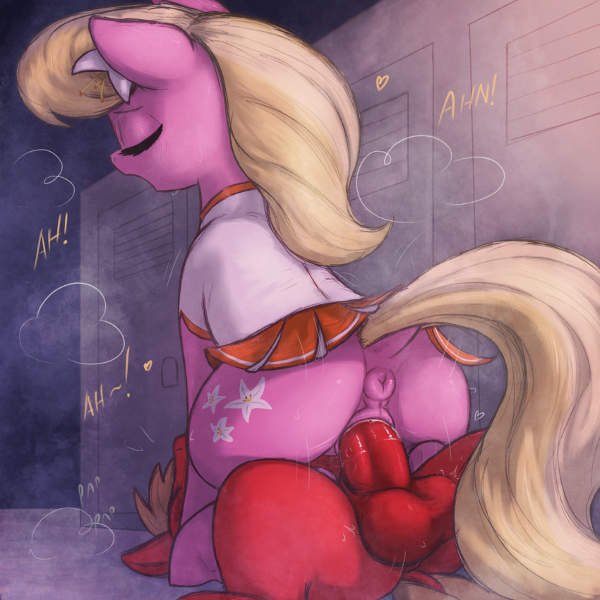 1:1 absurd_res anus balls big_macintosh_(mlp) blonde_hair bottomwear butt clothing cowgirl_position equid equine feral feral_on_feral feral_penetrated feral_penetrating feral_penetrating_feral friendship_is_magic from_front_position genitals hair hasbro hi_res lily_(mlp) locker_room mammal my_little_pony on_bottom on_top penetration penis pussy sex skirt t72b