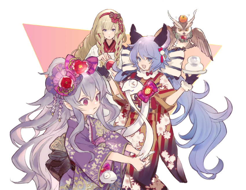 &gt;_&lt; 3girls animal_ears apron athena_(granblue_fantasy) bird black_gloves blonde_hair braid brown_kimono closed_mouth eating floral_print flower food fruit gloves granblue_fantasy grey_hair hair_flower hair_ornament hairband holding holding_plate iwashi_(morpho000) japanese_clothes kagami_mochi kappougi kimono long_hair long_sleeves looking_at_viewer mandarin_orange medusa_(shingeki_no_bahamut) motion_lines multiple_girls obi open_mouth owl plate pointy_ears purple_hair purple_kimono sash satyr_(granblue_fantasy) smile snake standing twin_braids wide_sleeves